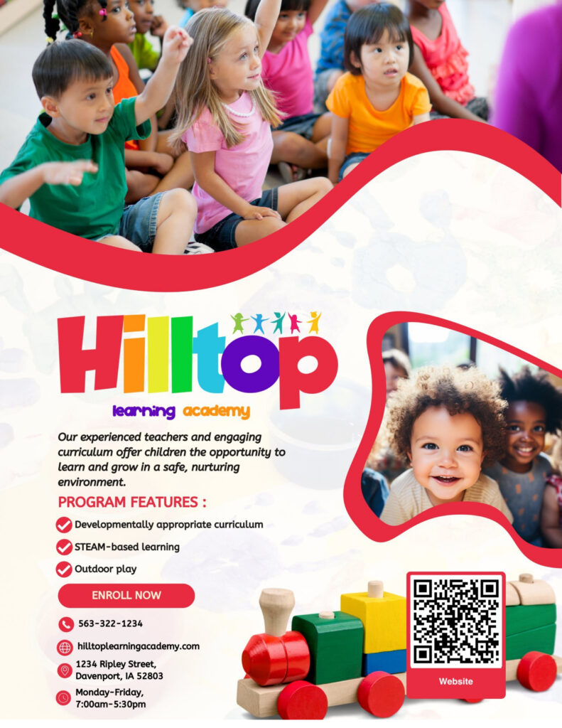 Hilltop learning academy can accomdate up to 75 children & is divided into age specific rooms. It has a playground, reading corner and steam-based learning. 